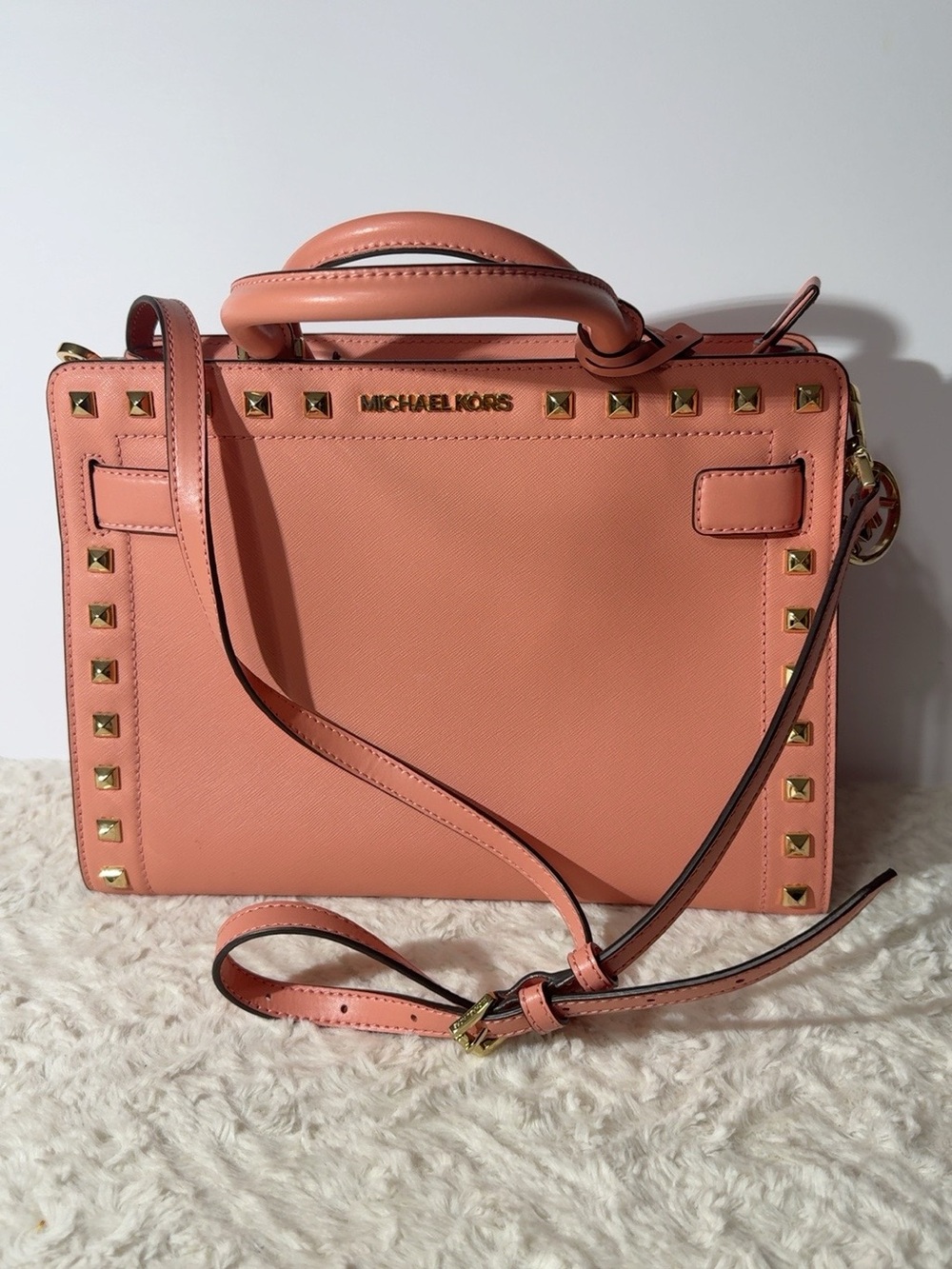 Michael Kors Coral Pink Studded Leather Satchel